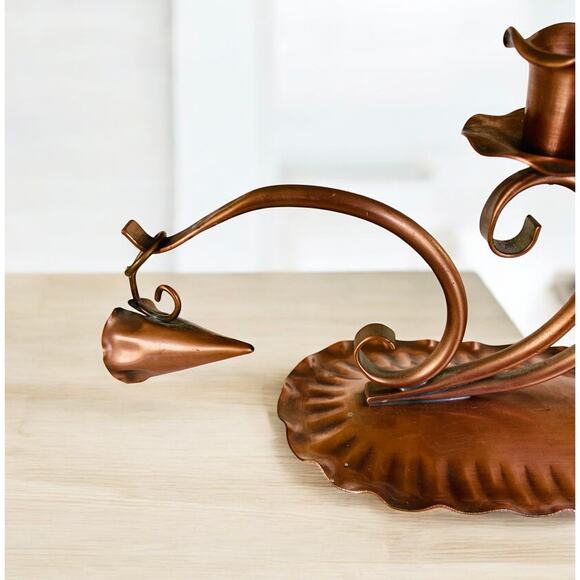 VINTAGE Gregorian Copper Scroll Double Taper MCM Candle Holder w/ Snuffer Decor - Picture 4 of 6